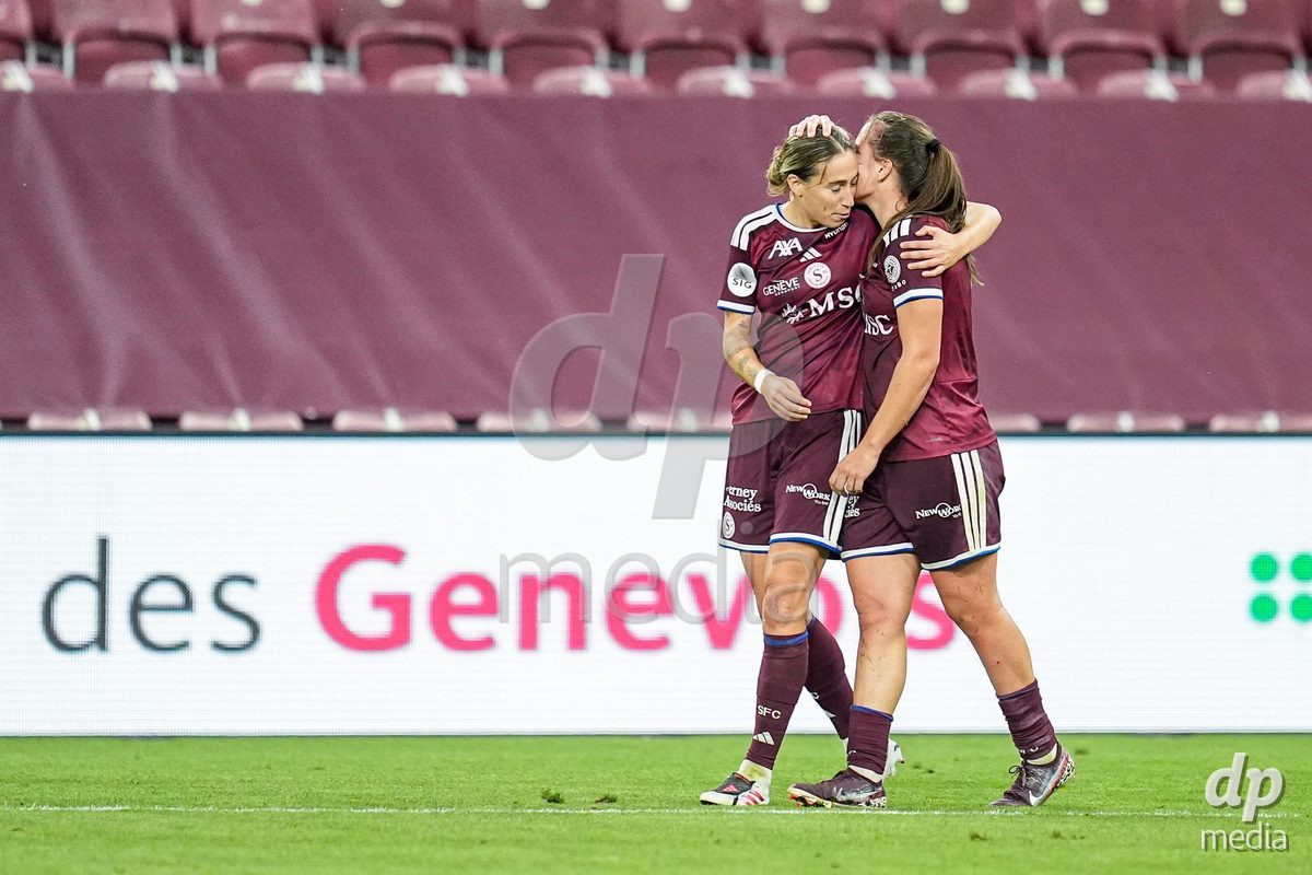 Geneva, Switzerland - September 2: Laia Balleste Sciora and Magdalena Izabela Sobal of Servette FC Chenois Feminin (R) celebrate the third team goal during the UEFA Women's Champions League match between Servette FC Chenois Feminin and AC Sparta Praha at Stade de Geneve on September 2, 2026 in Geneva, Switzerland.