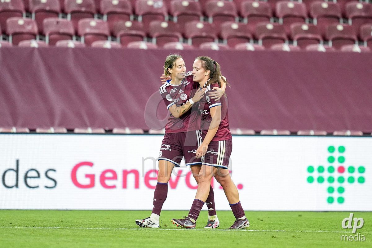 Geneva, Switzerland - September 2: Laia Balleste Sciora and Magdalena Izabela Sobal of Servette FC Chenois Feminin (R) celebrate the third team goal during the UEFA Women's Champions League match between Servette FC Chenois Feminin and AC Sparta Praha at Stade de Geneve on September 2, 2026 in Geneva, Switzerland.