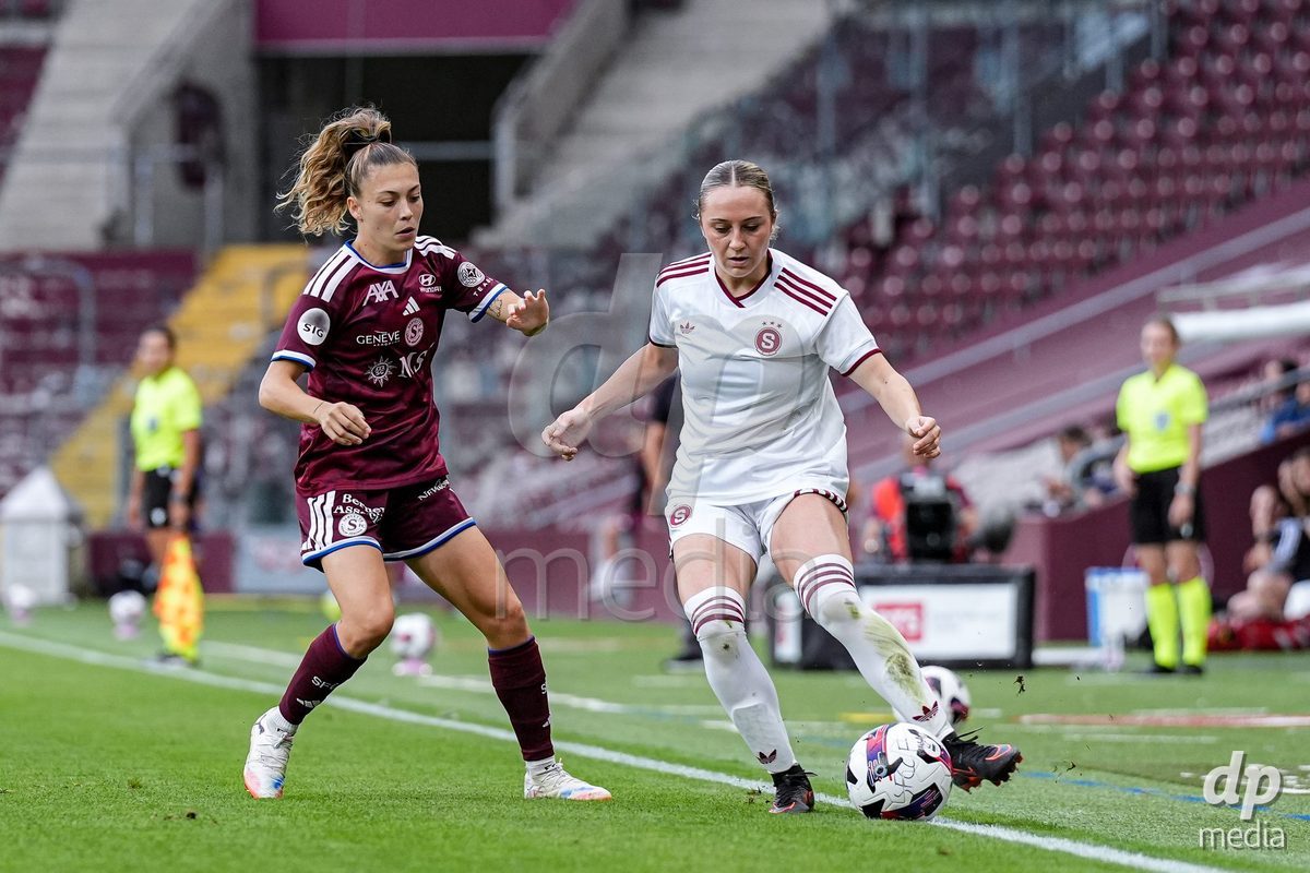 Geneva, Switzerland - September 2: Ascension Martinez Salinas of Servette FC Chenois Feminin (L) battles for the ball (duel) during the UEFA Women's Champions League match between Servette FC Chenois Feminin and AC Sparta Praha at Stade de Geneve on September 2, 2026 in Geneva, Switzerland.
