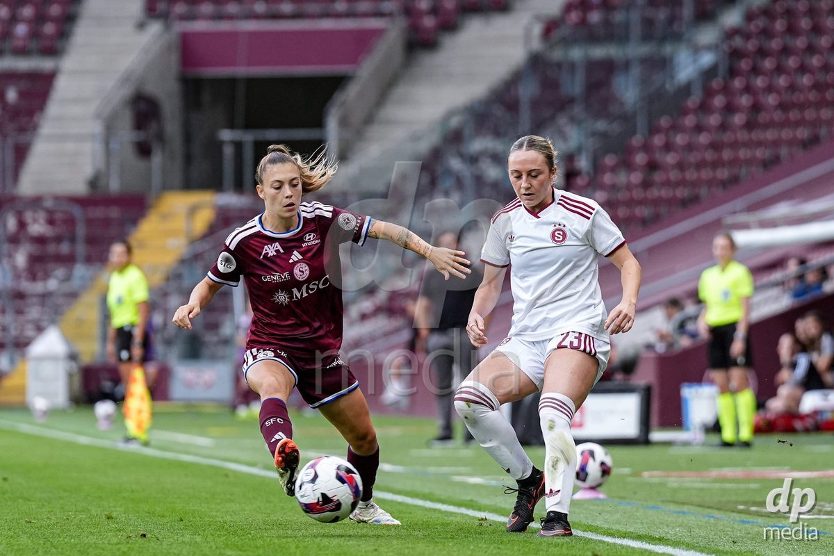 Geneva, Switzerland - September 2: Ascension Martinez Salinas of Servette FC Chenois Feminin (L) battles for the ball (duel) during the UEFA Women's Champions League match between Servette FC Chenois Feminin and AC Sparta Praha at Stade de Geneve on September 2, 2026 in Geneva, Switzerland.