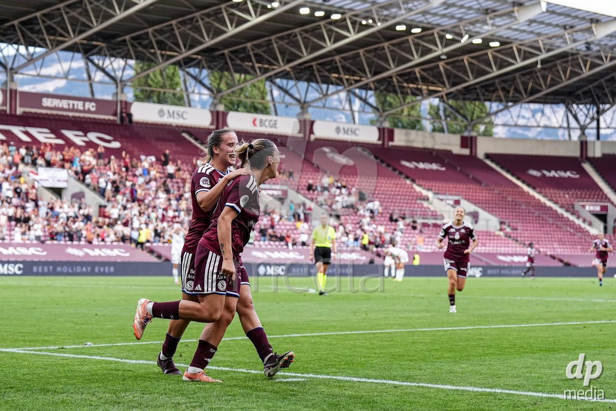 Geneva, Switzerland - September 2: Gloria Marinelli of Servette FC Chenois Feminin celebrates the second team goal with Magdalena Izabela Sobal of Servette FC Chenois Feminin (L)  during the UEFA Women's Champions League match between Servette FC Chenois Feminin and AC Sparta Praha at Stade de Geneve on September 2, 2026 in Geneva, Switzerland.