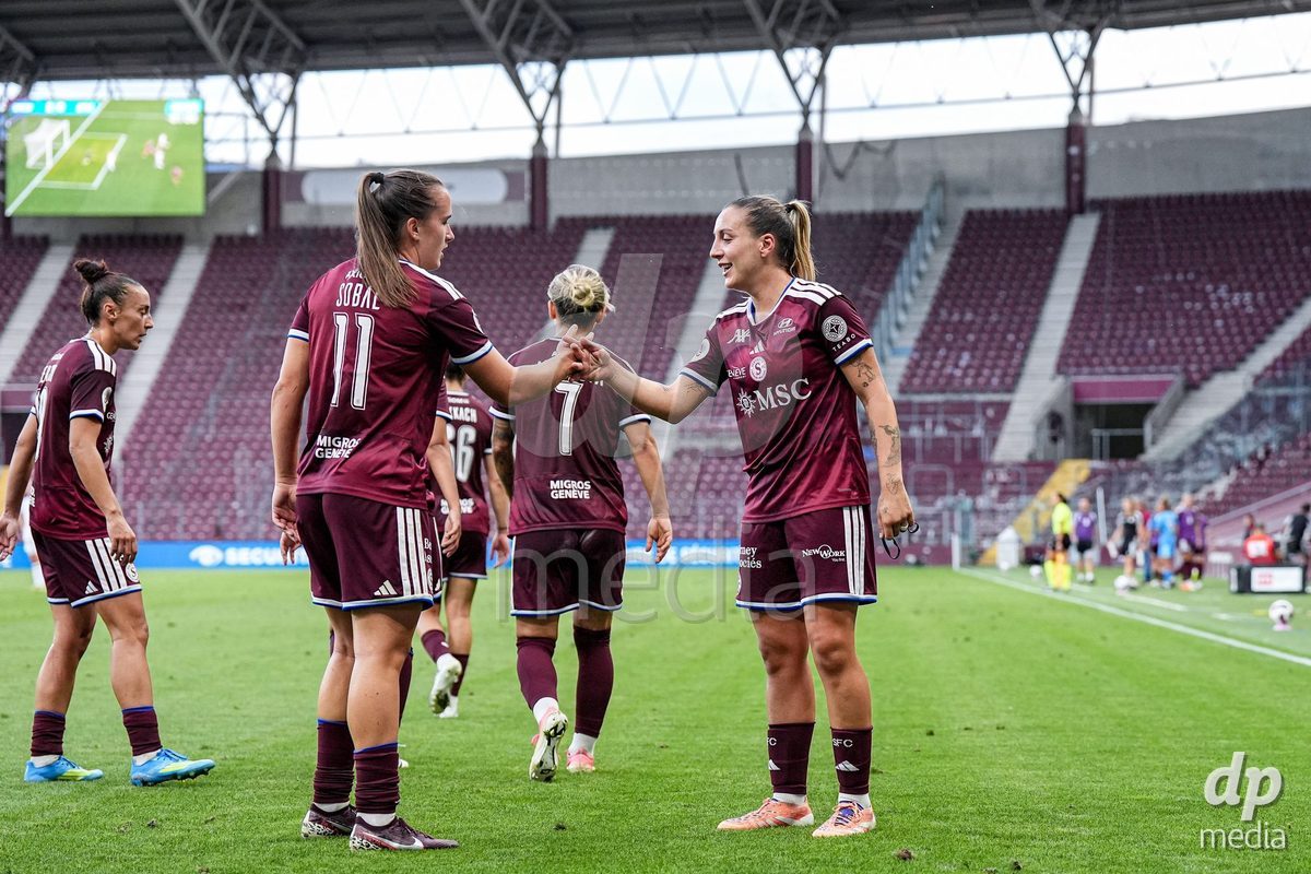 Geneva, Switzerland - September 2: Gloria Marinelli of Servette FC Chenois Feminin celebrates with Magdalena Izabela Sobal (L) after scoring her team's second goal during the UEFA Women's Champions League match between Servette FC Chenois Feminin and AC Sparta Praha at Stade de Geneve on September 2, 2026 in Geneva, Switzerland.