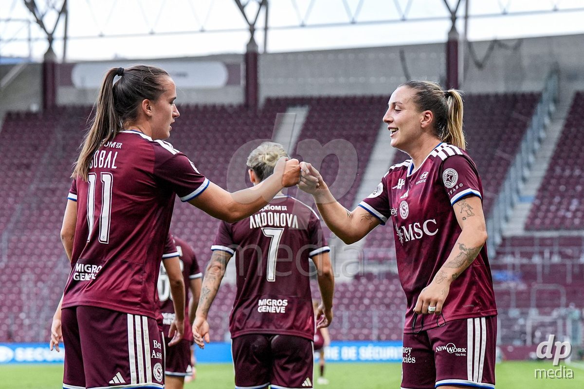 Geneva, Switzerland - September 2: Gloria Marinelli of Servette FC Chenois Feminin celebrates with Magdalena Izabela Sobal (L) after scoring her team's second goal during the UEFA Women's Champions League match between Servette FC Chenois Feminin and AC Sparta Praha at Stade de Geneve on September 2, 2026 in Geneva, Switzerland.