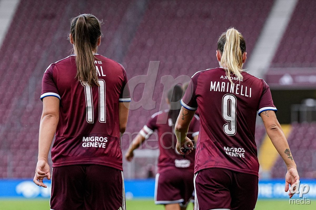 Geneva, Switzerland - September 2: Gloria Marinelli of Servette FC Chenois Feminin (R) celebrates with Magdalena Izabela Sobal (L) after scoring her team's second goal during the UEFA Women's Champions League match between Servette FC Chenois Feminin and AC Sparta Praha at Stade de Geneve on September 2, 2026 in Geneva, Switzerland.