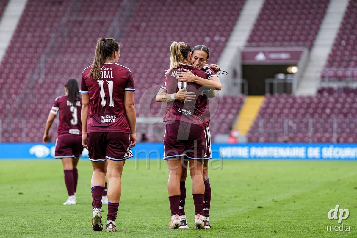Geneva, Switzerland - September 2: Gloria Marinelli of Servette FC Chenois Feminin (R) celebrates with Magdalena Izabela Sobal (L) after scoring her team's second goal during the UEFA Women's Champions League match between Servette FC Chenois Feminin and AC Sparta Praha at Stade de Geneve on September 2, 2026 in Geneva, Switzerland.
