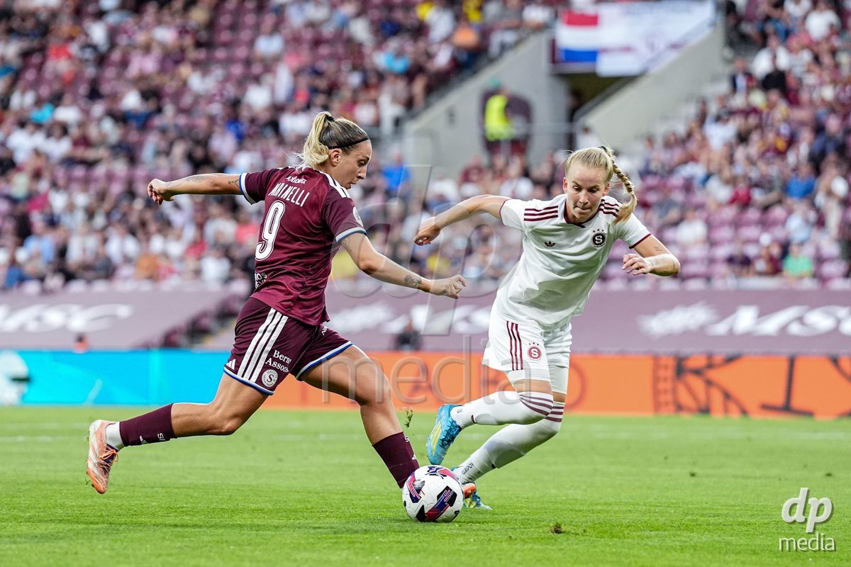 Geneva, Switzerland - September 2: Gloria Marinelli of Servette FC Chenois Feminin shoots the ball during the UEFA Women's Champions League match between Servette FC Chenois Feminin and AC Sparta Praha at Stade de Geneve on September 2, 2026 in Geneva, Switzerland.