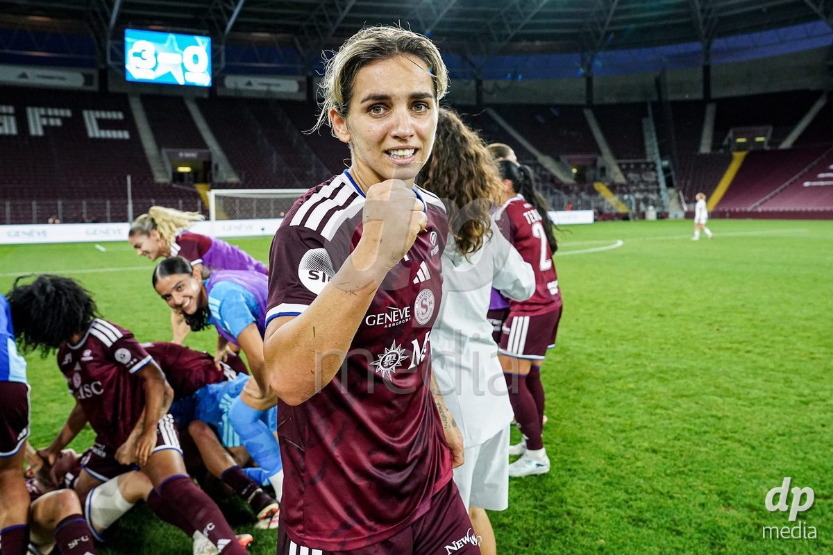 Geneva, Switzerland - September 2: Natasha Andonova of Servette FC Chenois Feminin celebrates the victory and entry into the UWCL league phase after the UEFA Women's Champions League match between Servette FC Chenois Feminin and AC Sparta Praha at Stade de Geneve on September 2, 2026 in Geneva, Switzerland.