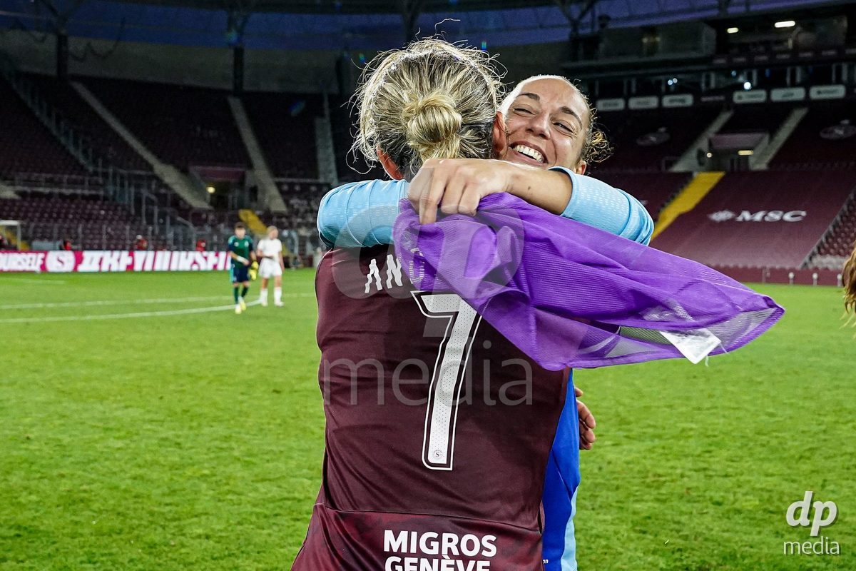 Geneva, Switzerland - September 2: Natasha Andonova of Servette FC Chenois Feminin and Paula Serrano of Servette FC Chenois Feminin celebrate the victory and entry into the UWCL league phase after the UEFA Women's Champions League match between Servette FC Chenois Feminin and AC Sparta Praha at Stade de Geneve on September 2, 2026 in Geneva, Switzerland.