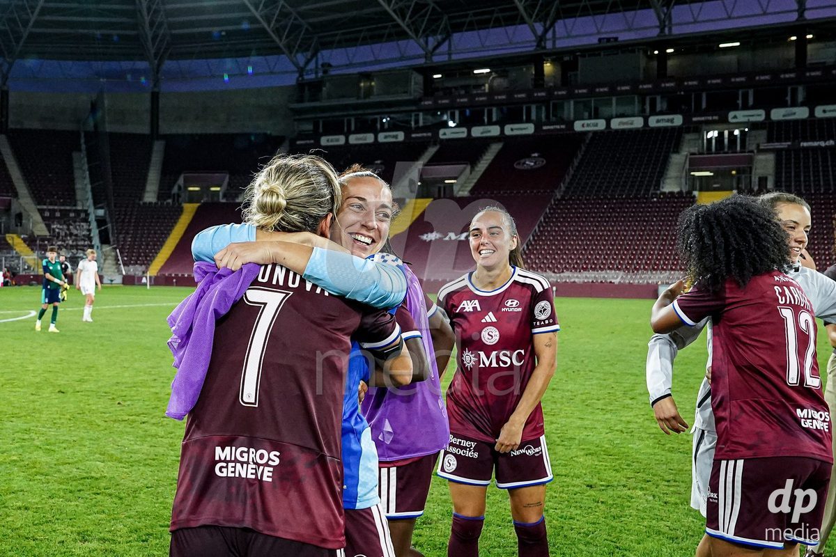Geneva, Switzerland - September 2: Natasha Andonova of Servette FC Chenois Feminin and Paula Serrano of Servette FC Chenois Feminin celebrate the victory and entry into the UWCL league phase after the UEFA Women's Champions League match between Servette FC Chenois Feminin and AC Sparta Praha at Stade de Geneve on September 2, 2026 in Geneva, Switzerland.