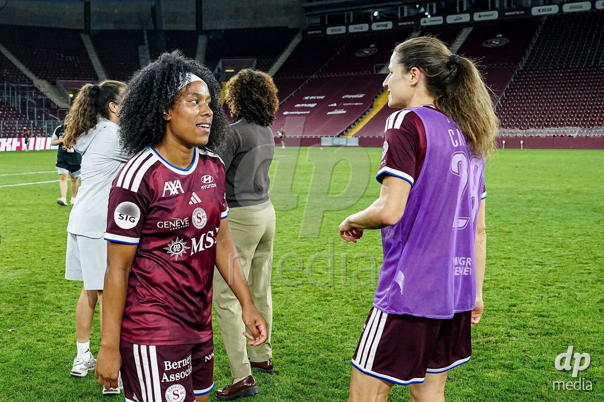 Geneva, Switzerland - September 2: Mickaella Francoise Halooa Cardia of Servette FC Chenois Feminin celebrates the victory and entry into the UWCL league phase after the UEFA Women's Champions League match between Servette FC Chenois Feminin and AC Sparta Praha at Stade de Geneve on September 2, 2026 in Geneva, Switzerland.