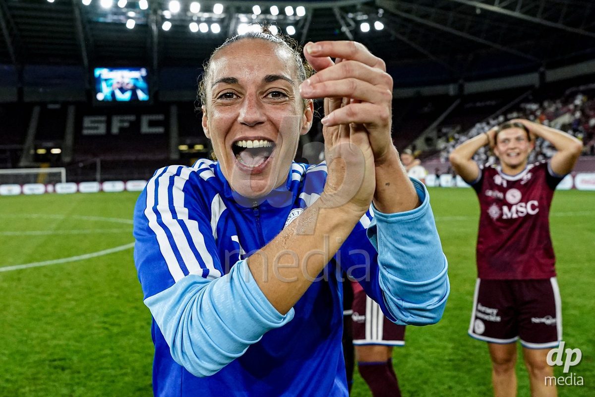 Geneva, Switzerland - September 2: Paula Serrano of Servette FC Chenois Feminin celebrates the victory and entry into the UWCL league phase after the UEFA Women's Champions League match between Servette FC Chenois Feminin and AC Sparta Praha at Stade de Geneve on September 2, 2026 in Geneva, Switzerland.