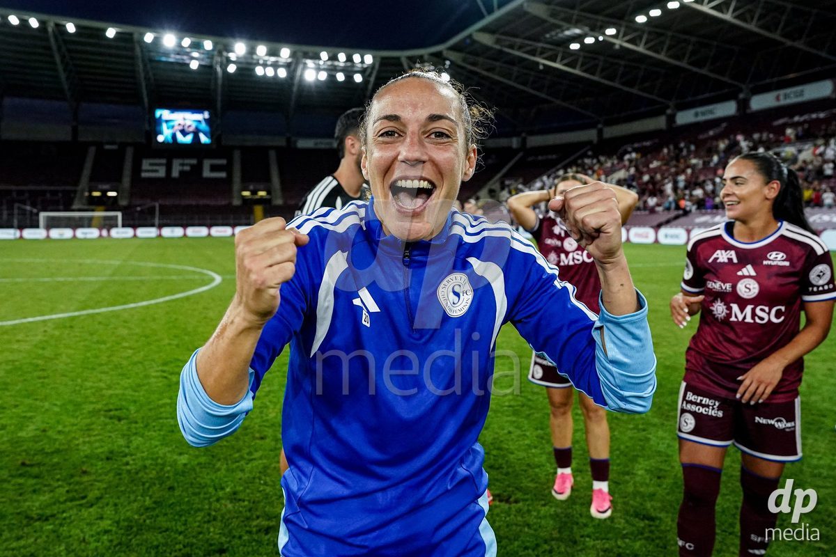 Geneva, Switzerland - September 2: Paula Serrano of Servette FC Chenois Feminin celebrates the victory and entry into the UWCL league phase after the UEFA Women's Champions League match between Servette FC Chenois Feminin and AC Sparta Praha at Stade de Geneve on September 2, 2026 in Geneva, Switzerland.