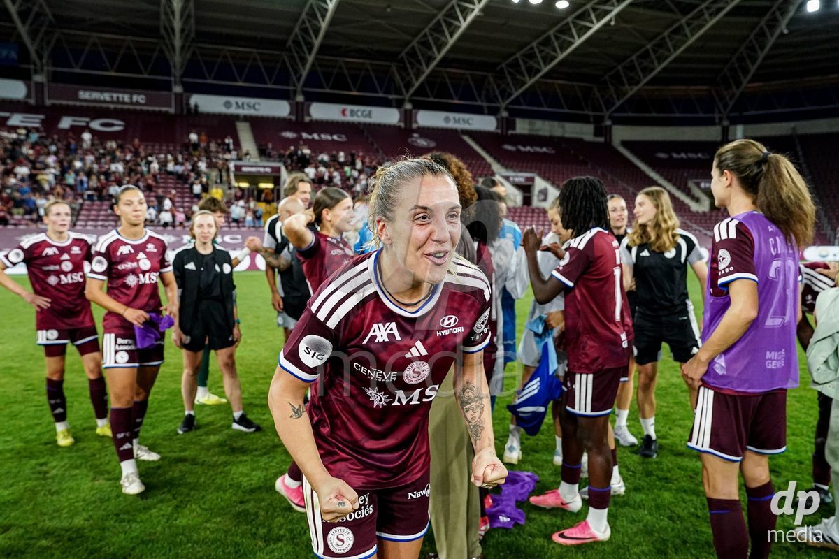 Geneva, Switzerland - September 2:  Gloria Marinelli of Servette FC Chenois Feminin celebrates the victory and entry into the UWCL league phase after the UEFA Women's Champions League match between Servette FC Chenois Feminin and AC Sparta Praha at Stade de Geneve on September 2, 2026 in Geneva, Switzerland.