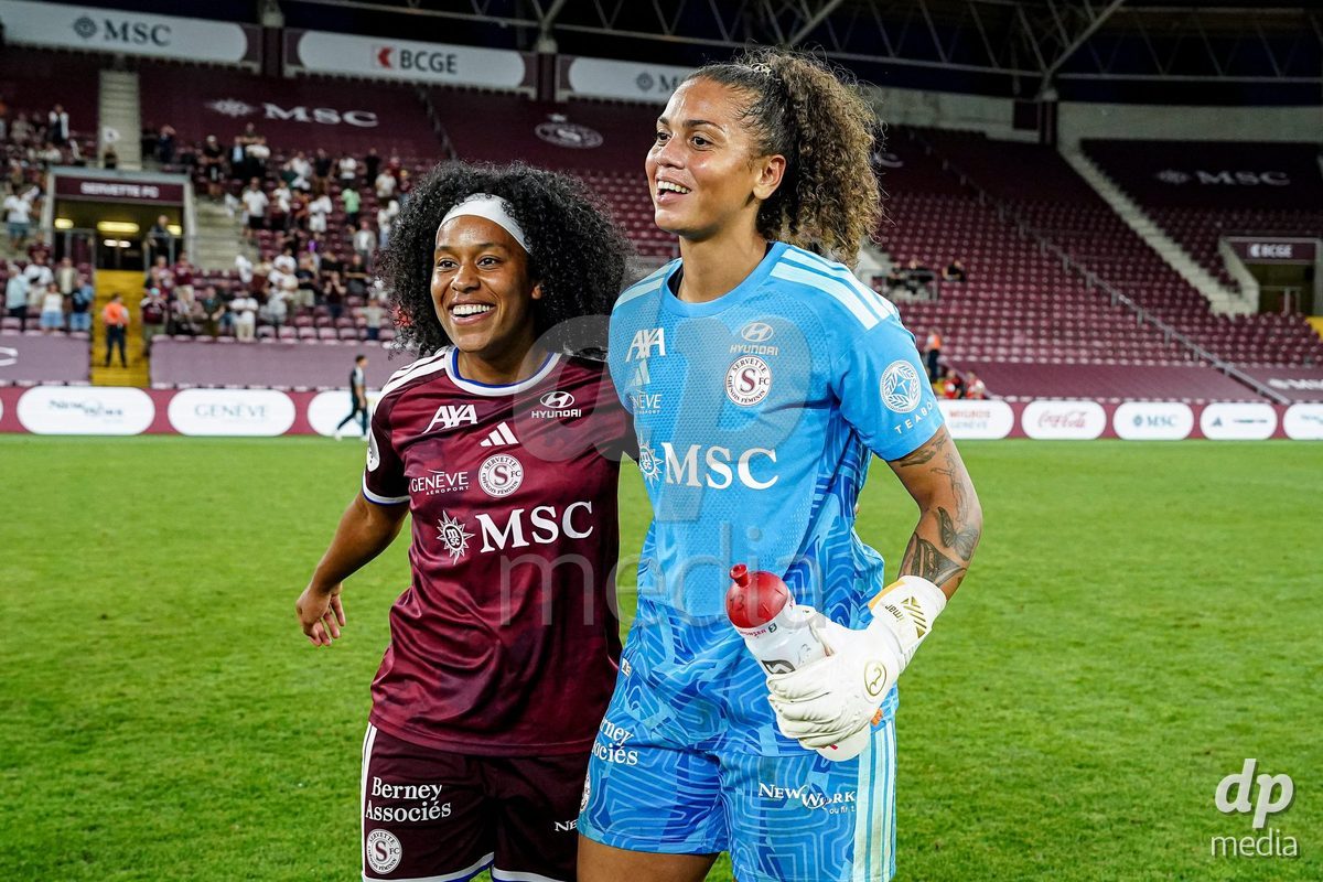 Geneva, Switzerland - September 2:  Mickaella Francoise Halooa Cardia of Servette FC Chenois Feminin and Jacintha Anouchka Weimar of Servette FC Chenois Feminin celebraate the victory and entry into the UWCL league phase after the UEFA Women's Champions League match between Servette FC Chenois Feminin and AC Sparta Praha at Stade de Geneve on September 2, 2026 in Geneva, Switzerland.
