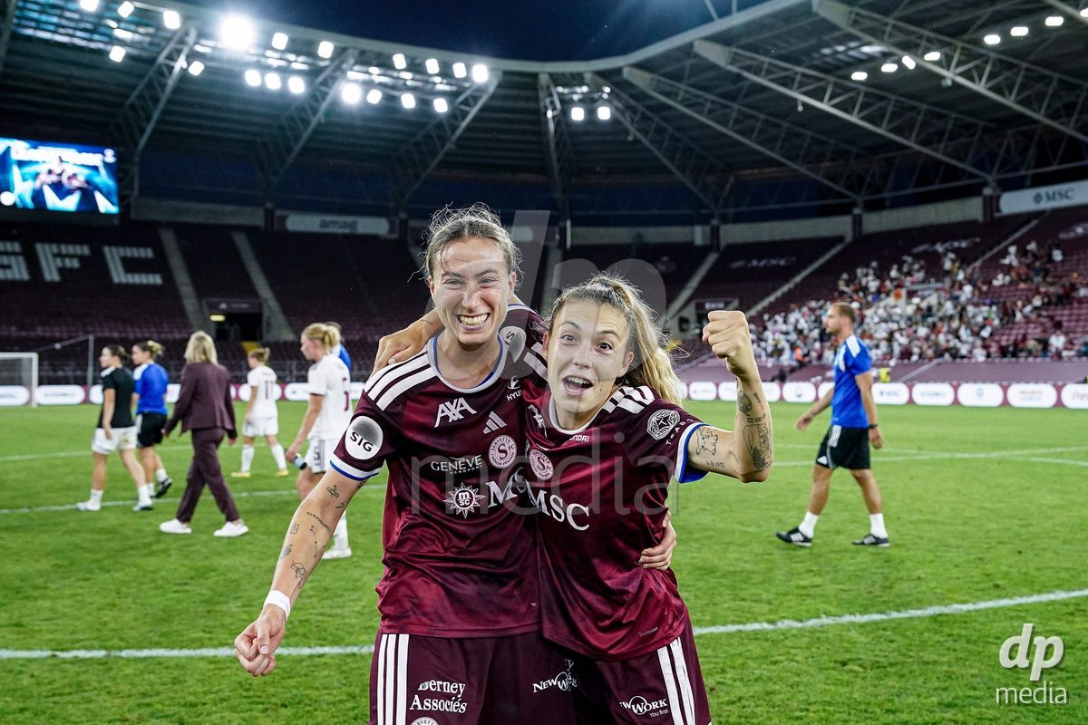 Geneva, Switzerland - September 2: Laia Balleste Sciora and Ascension Martinez Salinas of Servette FC Chenois Feminin celebrates the victory and entry into the UWCL league phase after the UEFA Women's Champions League match between Servette FC Chenois Feminin and AC Sparta Praha at Stade de Geneve on September 2, 2026 in Geneva, Switzerland.