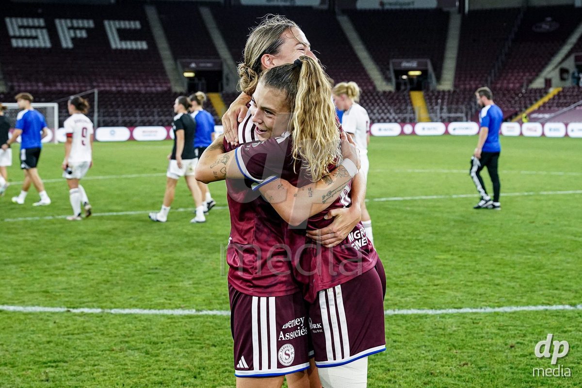 Geneva, Switzerland - September 2: Laia Balleste Sciora and Ascension Martinez Salinas of Servette FC Chenois Feminin celebrates the victory and entry into the UWCL league phase after the UEFA Women's Champions League match between Servette FC Chenois Feminin and AC Sparta Praha at Stade de Geneve on September 2, 2026 in Geneva, Switzerland.