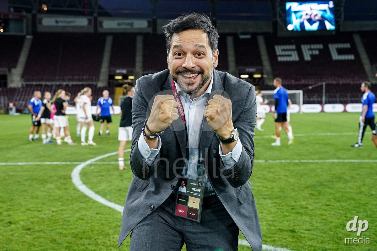 Geneva, Switzerland - September 2: President FCCF Yoann Brigante celebrates the victory and entry into the UWCL league phase after the UEFA Women's Champions League match between Servette FC Chenois Feminin and AC Sparta Praha at Stade de Geneve on September 2, 2026 in Geneva, Switzerland.