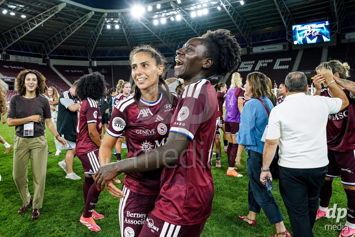 Geneva, Switzerland - September 2: Daina Bourma of Servette FC Chenois Feminin and Benedicte Simon of Servette FC Chenois Feminin celebrate the victory and entry into the UWCL league phase after the UEFA Women's Champions League match between Servette FC Chenois Feminin and AC Sparta Praha at Stade de Geneve on September 2, 2026 in Geneva, Switzerland.