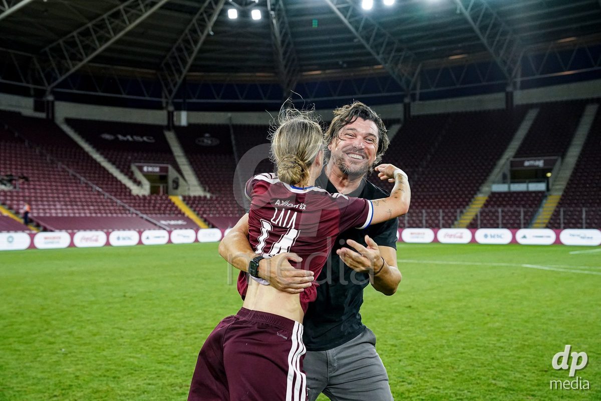 Geneva, Switzerland - September 2: Laia Balleste Sciora of Servette FC Chenois Feminin and Cristian Damian Toro, Head Coach of Servette FC Chenois Feminin celebrate the victory and entry into the UWCL league phase after the UEFA Women's Champions League match between Servette FC Chenois Feminin and AC Sparta Praha at Stade de Geneve on September 2, 2026 in Geneva, Switzerland.
