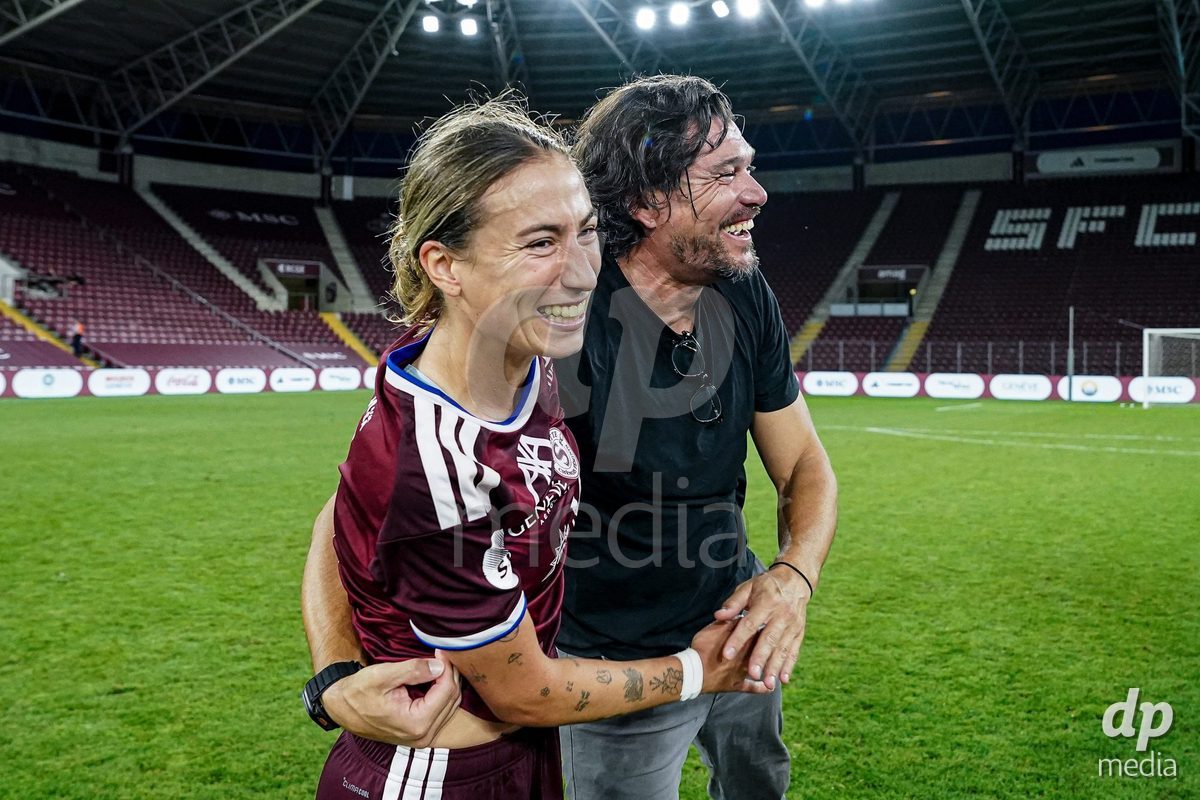 Geneva, Switzerland - September 2: Laia Balleste Sciora of Servette FC Chenois Feminin and Cristian Damian Toro, Head Coach of Servette FC Chenois Feminin celebrate the victory and entry into the UWCL league phase after the UEFA Women's Champions League match between Servette FC Chenois Feminin and AC Sparta Praha at Stade de Geneve on September 2, 2026 in Geneva, Switzerland.