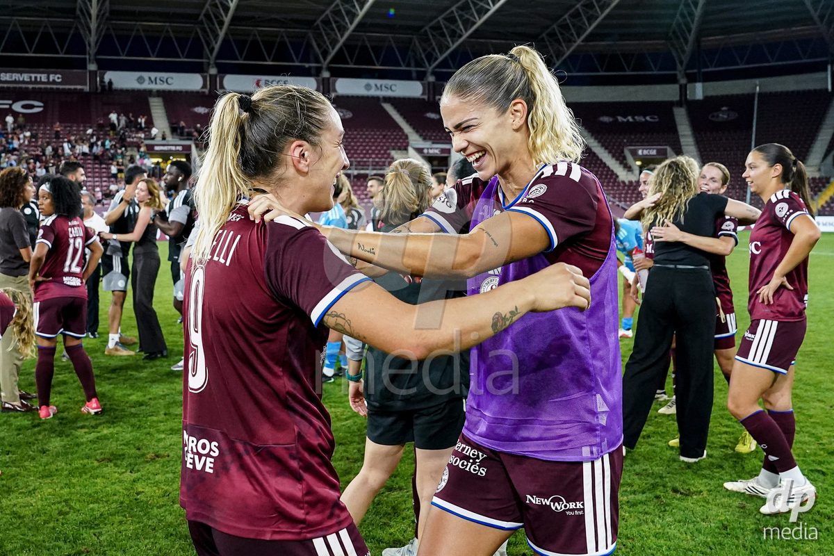Geneva, Switzerland - September 2: Gloria Marinelli of Servette FC Chenois Feminin and Stefanie De Alem da Eira of Servette FC Chenois Feminin celebrate the victory and entry into the UWCL league phase after the UEFA Women's Champions League match between Servette FC Chenois Feminin and AC Sparta Praha at Stade de Geneve on September 2, 2026 in Geneva, Switzerland.