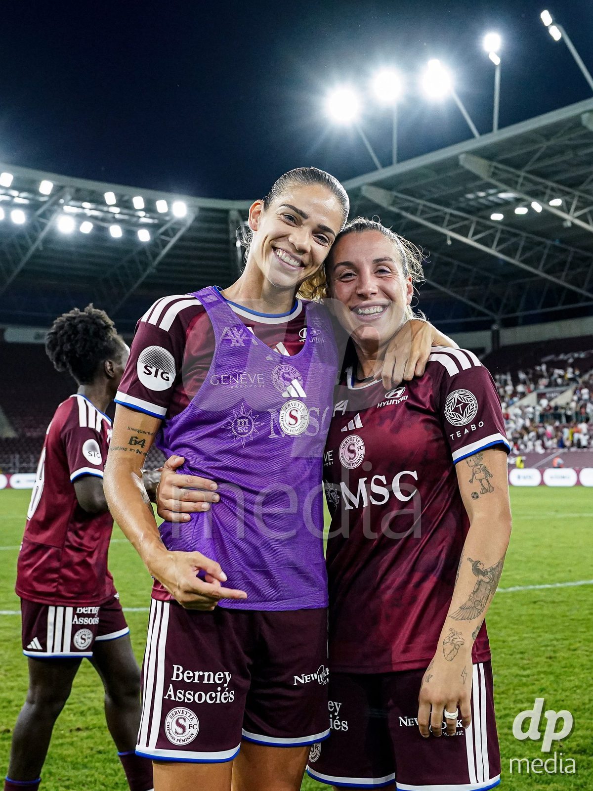 Geneva, Switzerland - September 2: Gloria Marinelli of Servette FC Chenois Feminin and Stefanie De Alem da Eira of Servette FC Chenois Feminin celebrate the victory and entry into the UWCL league phase after the UEFA Women's Champions League match between Servette FC Chenois Feminin and AC Sparta Praha at Stade de Geneve on September 2, 2026 in Geneva, Switzerland.