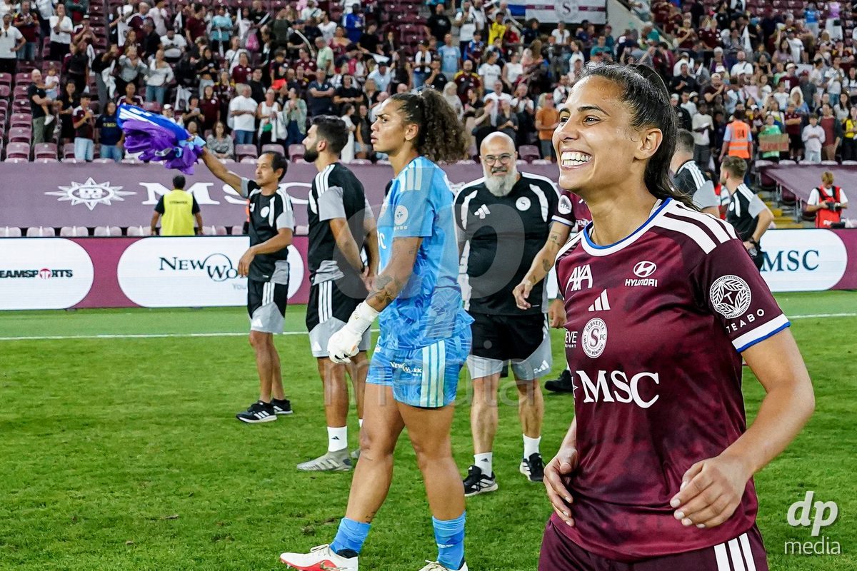 Geneva, Switzerland - September 2: Daina Bourma of Servette FC Chenois Feminin celebrates the victory and entry into the UWCL league phase after the UEFA Women's Champions League match between Servette FC Chenois Feminin and AC Sparta Praha at Stade de Geneve on September 2, 2026 in Geneva, Switzerland.