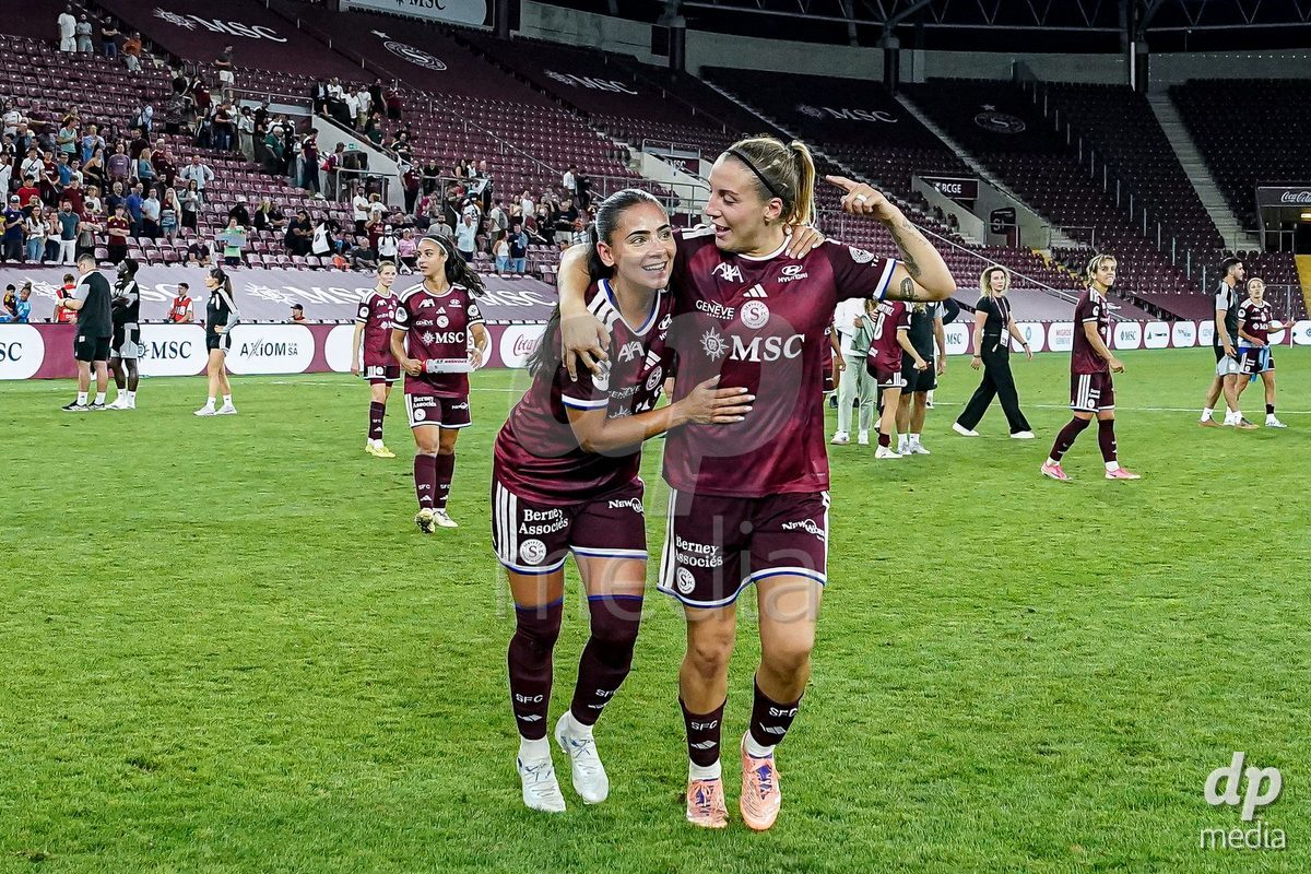 Geneva, Switzerland - September 2: Meriame Terchoun (L) and Gloria Marinelli of Servette FC Chenois Feminin celebrate the victory and entry into the UWCL league phase after the UEFA Women's Champions League match between Servette FC Chenois Feminin and AC Sparta Praha at Stade de Geneve on September 2, 2026 in Geneva, Switzerland.