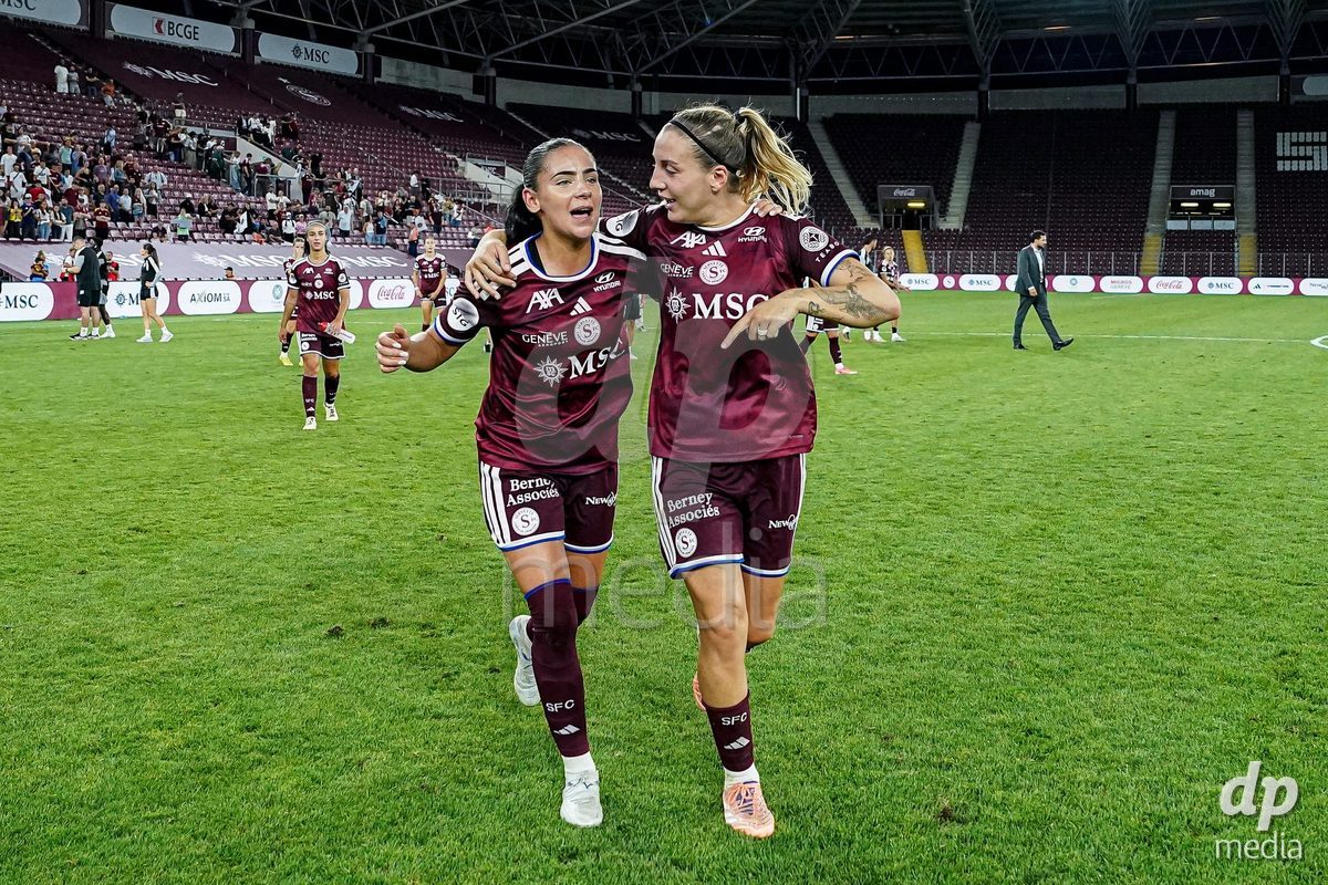 Geneva, Switzerland - September 2: Meriame Terchoun (L) and Gloria Marinelli of Servette FC Chenois Feminin celebrate the victory and entry into the UWCL league phase after the UEFA Women's Champions League match between Servette FC Chenois Feminin and AC Sparta Praha at Stade de Geneve on September 2, 2026 in Geneva, Switzerland.