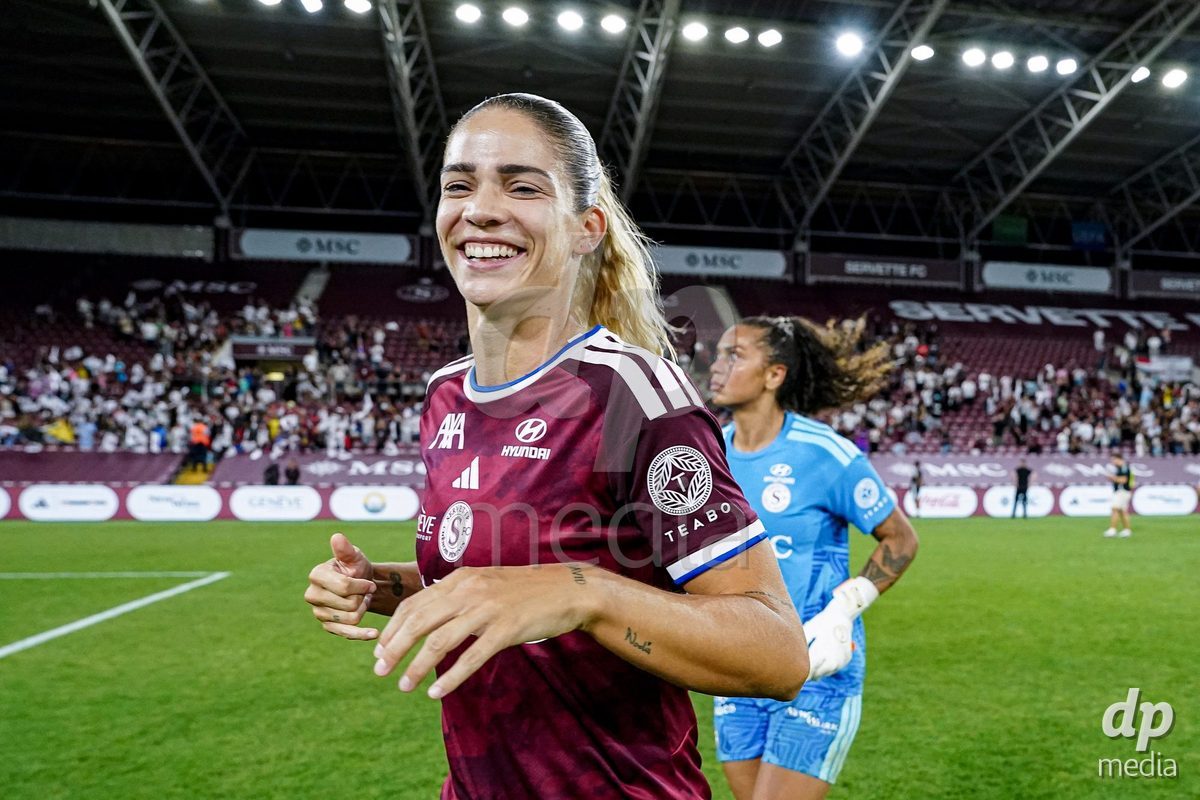Geneva, Switzerland - September 2: Stefanie De Alem da Eira of Servette FC Chenois Feminin celebrates the victory and entry into the UWCL league phase after the UEFA Women's Champions League match between Servette FC Chenois Feminin and AC Sparta Praha at Stade de Geneve on September 2, 2026 in Geneva, Switzerland.