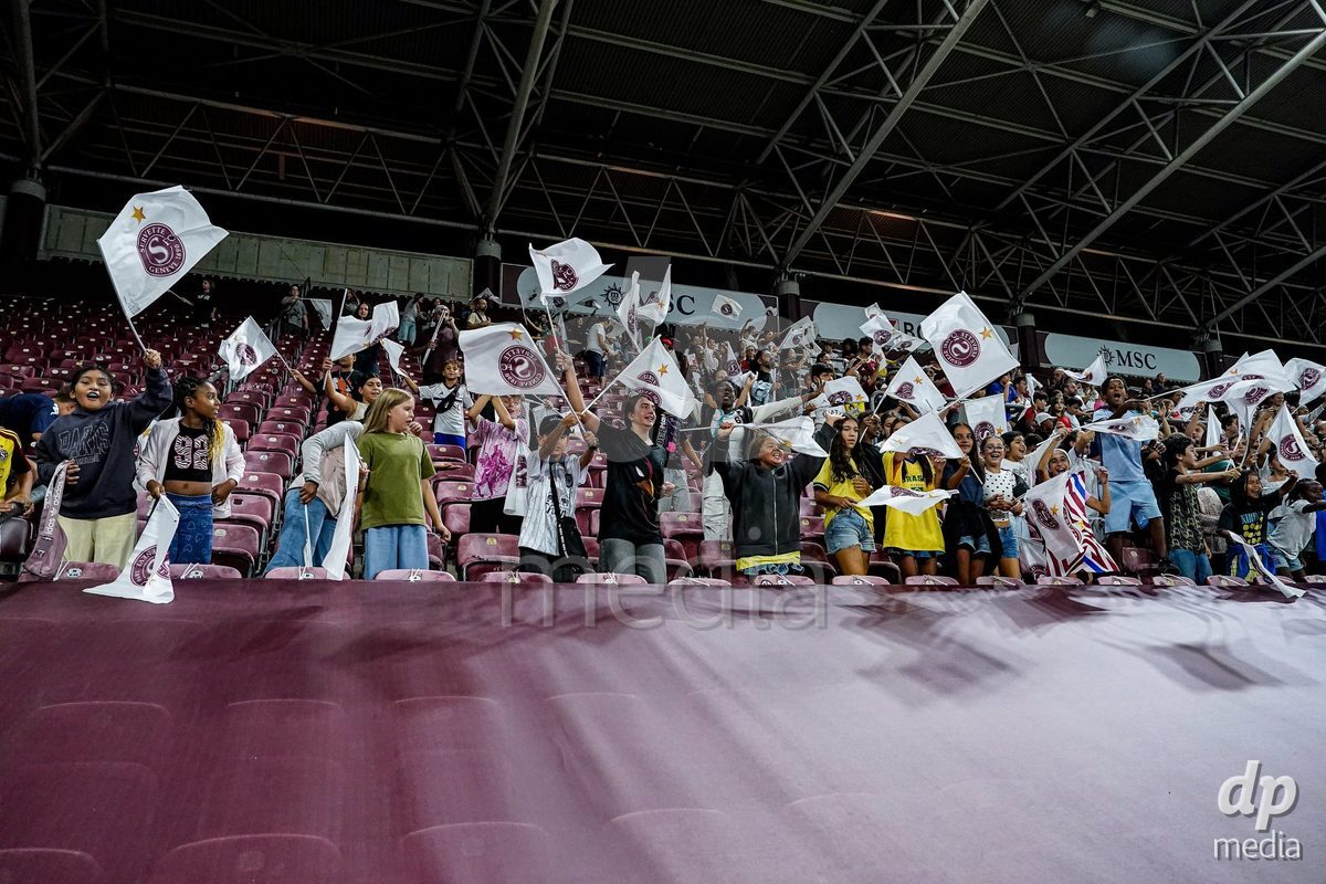 Geneva, Switzerland - September 2: Fans of Servette cheer on and celebrate the victory during the UEFA Women's Champions League match between Servette FC Chenois Feminin and AC Sparta Praha at Stade de Geneve on September 2, 2026 in Geneva, Switzerland.