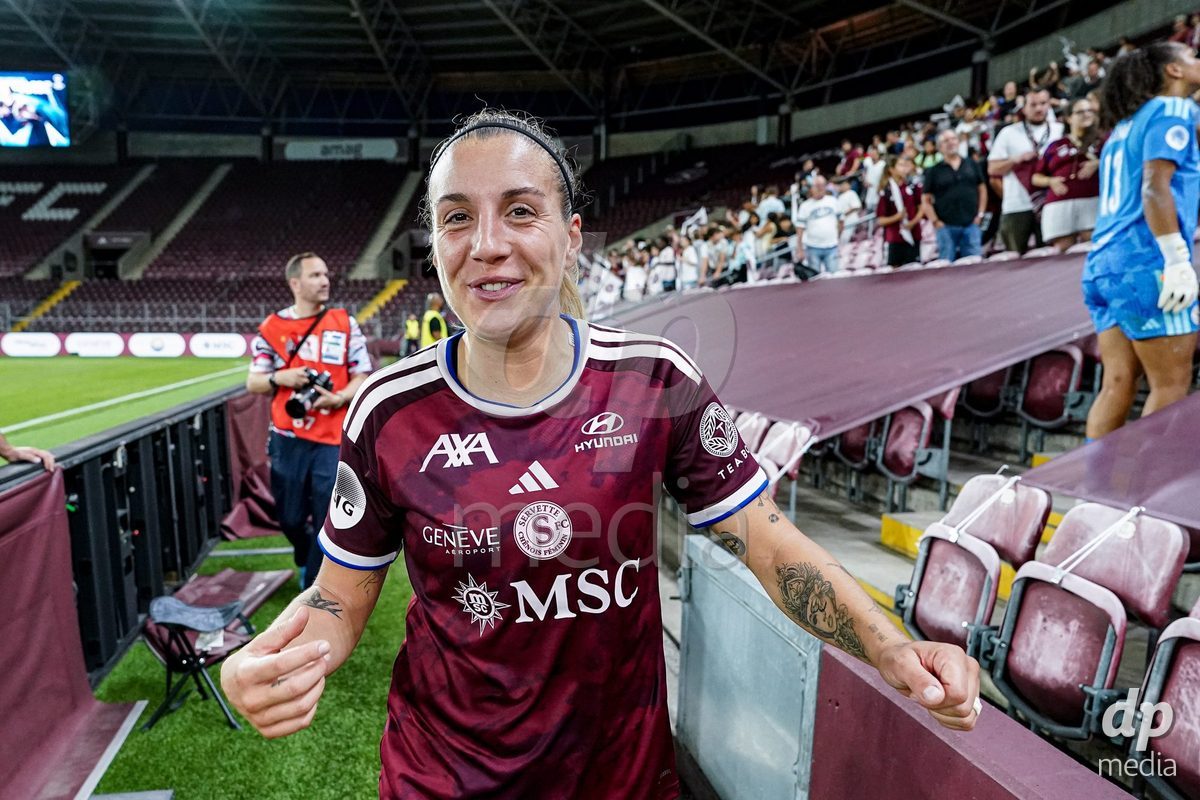 Geneva, Switzerland - September 2: Gloria Marinelli of Servette FC Chenois Feminin celebrates the victory and entry into the UWCL league phase after the UEFA Women's Champions League match between Servette FC Chenois Feminin and AC Sparta Praha at Stade de Geneve on September 2, 2026 in Geneva, Switzerland.