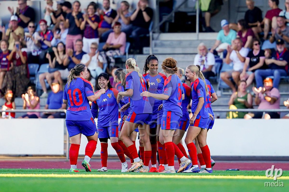 Basel, Switzerland - September 4: Alice Berti of FC Basel 1893 celebrating with team after scoring teams first goal during the AXA Women's Super League match between FC Basel 1893 and FC St. Gallen 1879 at Leichtathletikstadion on September 4, 2026 in Basel, Switzerland.