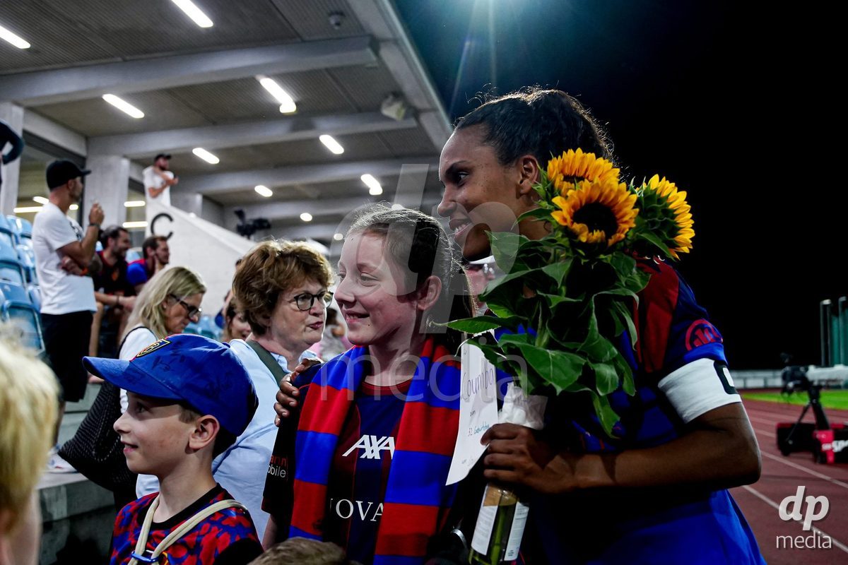 Basel, Switzerland - September 4: Coumba Sow of FC Basel 1893 with fans after the AXA Women's Super League match between FC Basel 1893 and FC St. Gallen 1879 at Leichtathletikstadion on September 4, 2026 in Basel, Switzerland.