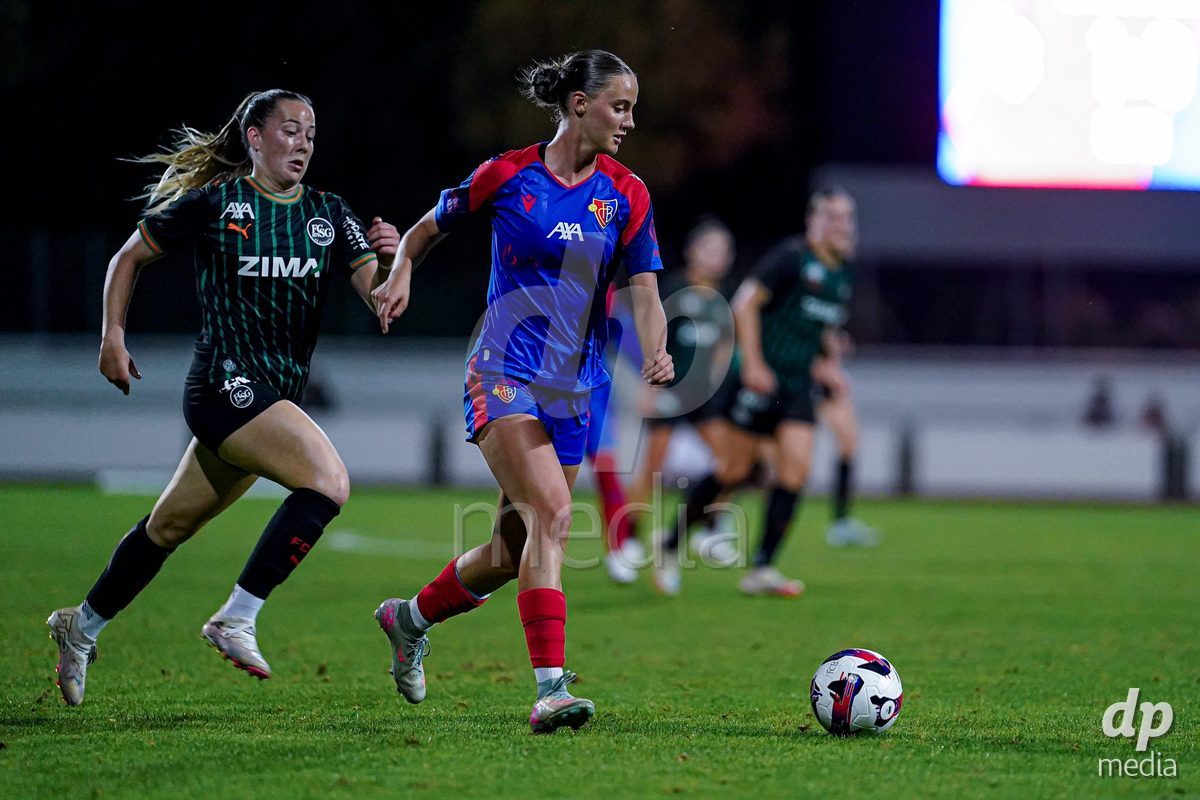 Basel, Switzerland - September 4: Mia Bennewitz of FC Basel 1893 (R) and Sina Hauswirth of St.Gallen 1879 (L) battle for the ball during the AXA Women's Super League match between FC Basel 1893 and FC St. Gallen 1879 at Leichtathletikstadion on September 4, 2026 in Basel, Switzerland.