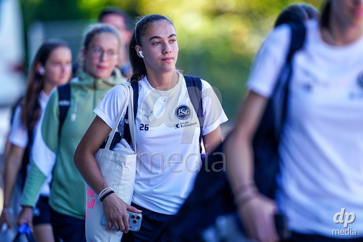 Basel, Switzerland - September 4: Olivia Edelmann of St.Gallen 1879 arrival prior to the AXA Women's Super League match between FC Basel 1893 and FC St. Gallen 1879 at Leichtathletikstadion on September 4, 2026 in Basel, Switzerland.