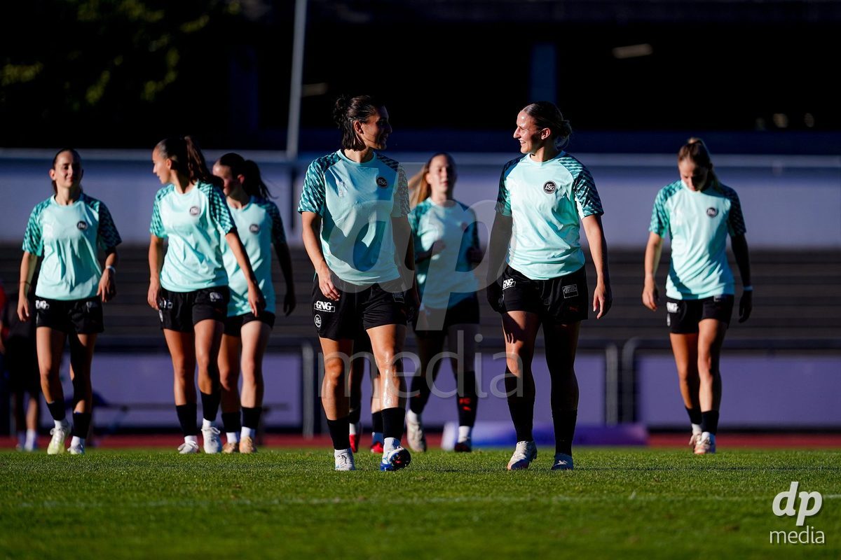 Basel, Switzerland - September 4: Players of St.Gallen 1879 warming up during the AXA Women's Super League match between FC Basel 1893 and FC St. Gallen 1879 at Leichtathletikstadion on September 4, 2026 in Basel, Switzerland.