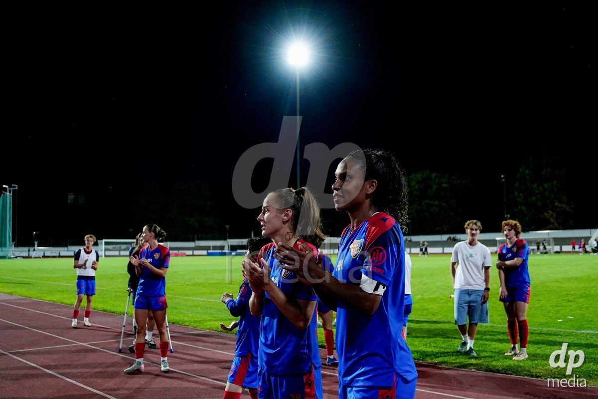 Basel, Switzerland - September 4: Coumba Sow of FC Basel 1893 (R) and Elea Hagmann of FC Basel 1893 (L) celebrating after winning the AXA Women's Super League match between FC Basel 1893 and FC St. Gallen 1879 at Leichtathletikstadion on September 4, 2026 in Basel, Switzerland.