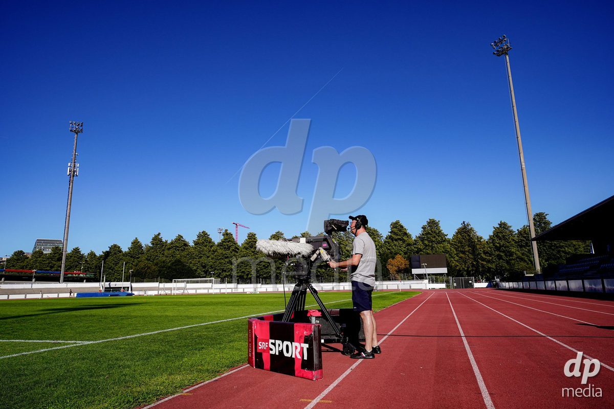 Basel, Switzerland - September 4: SRG SSR - SRF SPORT TV Camera operator prior to the AXA Women's Super League match between FC Basel 1893 and FC St. Gallen 1879 at Leichtathletikstadion on September 4, 2026 in Basel, Switzerland.
