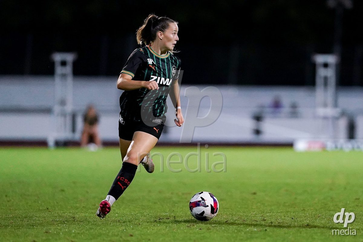 Basel, Switzerland - September 4: Sina Hauswirth of St.Gallen 1879 controls the ball during the AXA Women's Super League match between FC Basel 1893 and FC St. Gallen 1879 at Leichtathletikstadion on September 4, 2026 in Basel, Switzerland.