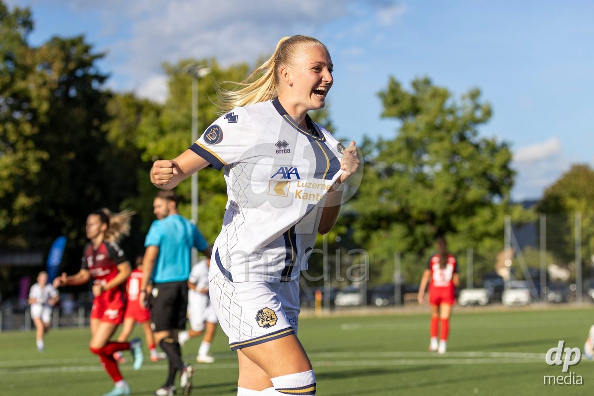 Aarau, Switzerland - September 5: XX during the AXA Women's Super League match between FC Aarau Frauen and FC Luzern at Sportanlage Schachen on September 5, 2026 in Aarau, Switzerland. Romy Baraniak of FC Luzern Frauen celebrates her goal