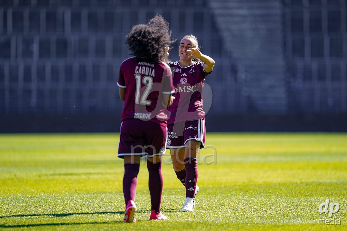 ZURICH, SWITZERLAND - September 6: Mickaella Cardia (Mickaëlla Cardia) of Servette FC Chenois Feminin celebrating with team after scoring teams second goal during the AXA Women's Super League match between GC Frauenfussball and Servette FC Chenois Feminin at Letzigrund on September 6, 2026 in Zurich, Switzerland.