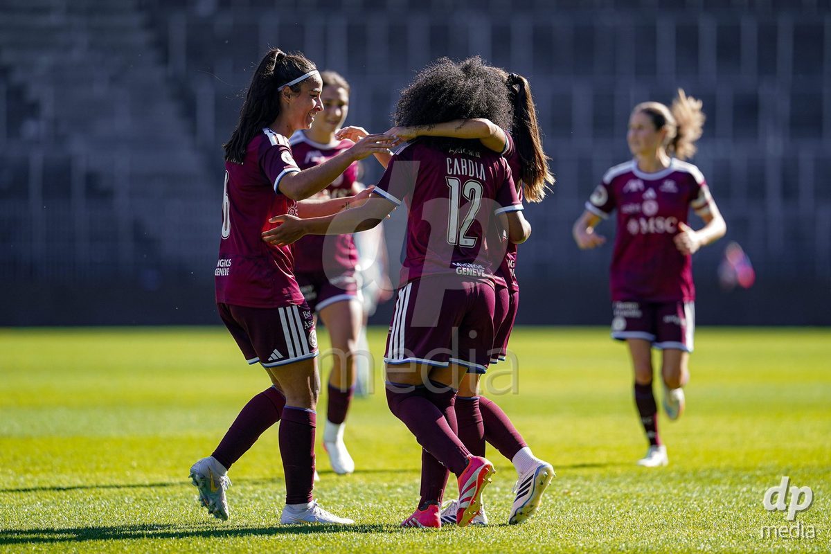 ZURICH, SWITZERLAND - September 6: Mickaella Cardia (Mickaëlla Cardia) of Servette FC Chenois Feminin celebrating with team after scoring teams second goal during the AXA Women's Super League match between GC Frauenfussball and Servette FC Chenois Feminin at Letzigrund on September 6, 2026 in Zurich, Switzerland.