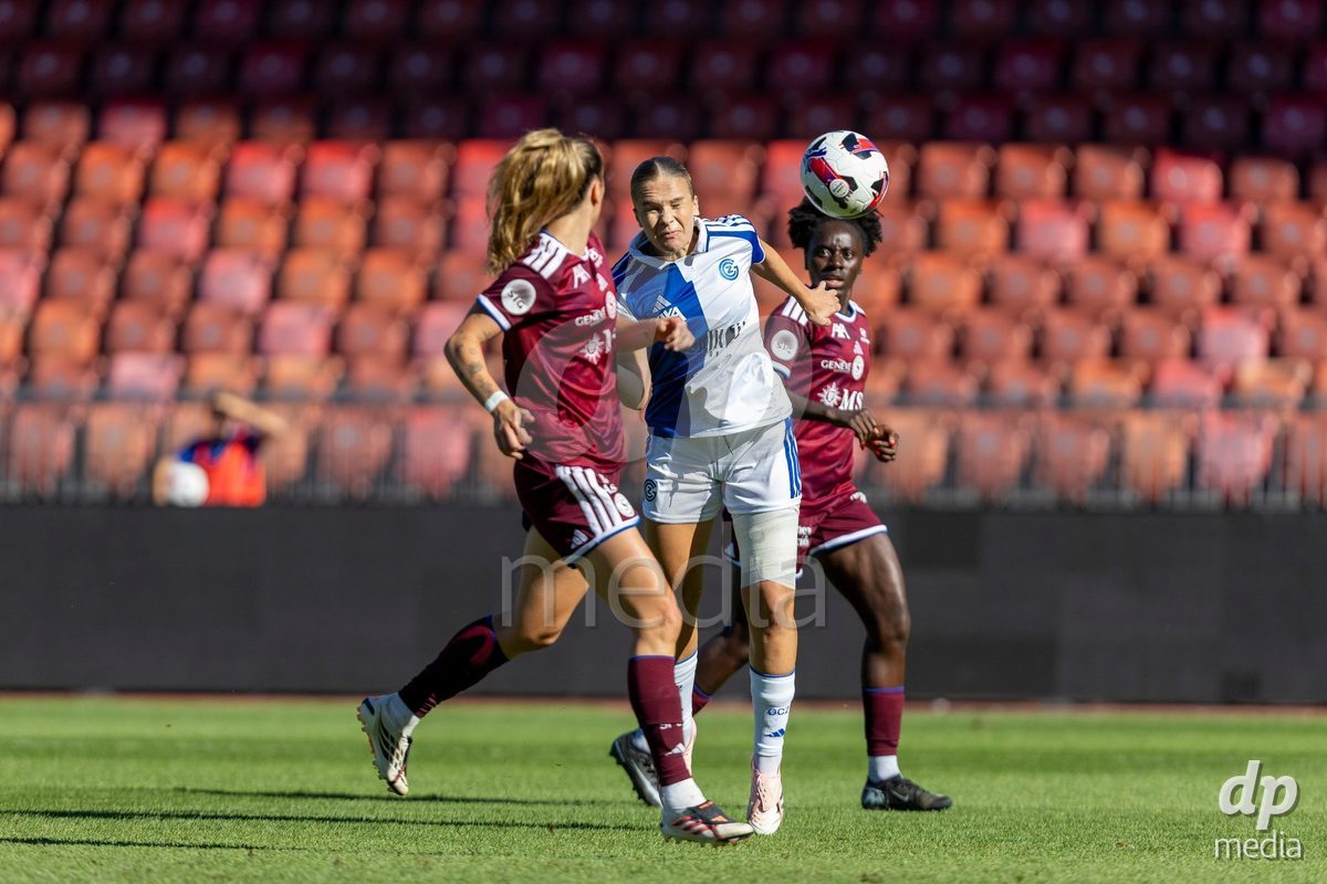 ZURICH, SWITZERLAND - September 6: Ella Ljustina of GC Frauenfussball heads the ball during the AXA Women's Super League match between GC Frauenfussball and Servette FC Chenois Feminin at Letzigrund on September 6, 2026 in Zurich, Switzerland.