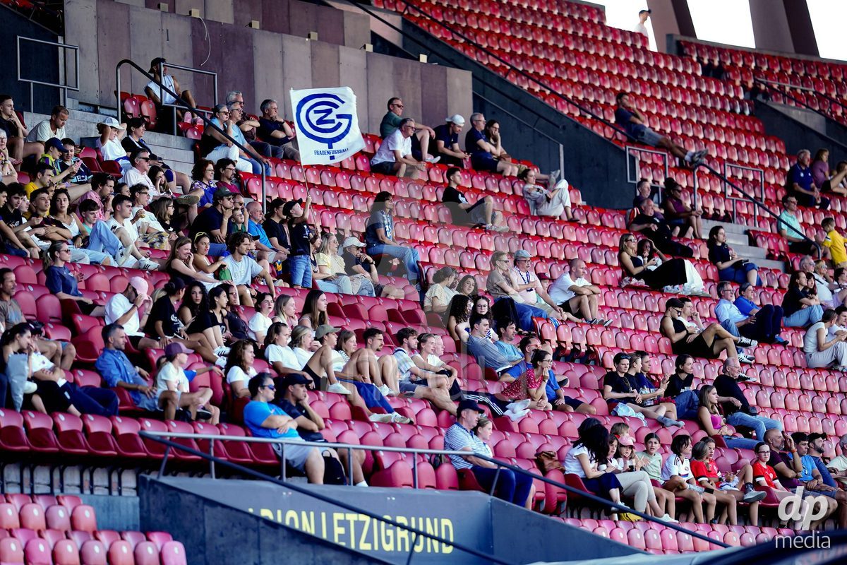 ZURICH, SWITZERLAND - September 6: Tribune with fans during the AXA Women's Super League match between GC Frauenfussball and Servette FC Chenois Feminin at Letzigrund on September 6, 2026 in Zurich, Switzerland.