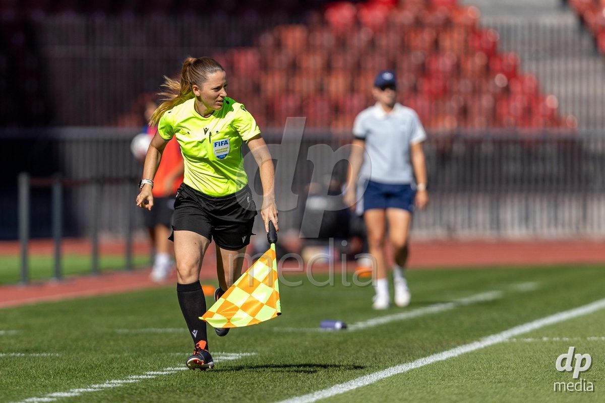 ZURICH, SWITZERLAND - September 6: Referee Belinda Pierre-Brem during the AXA Women's Super League match between GC Frauenfussball and Servette FC Chenois Feminin at Letzigrund on September 6, 2026 in Zurich, Switzerland.