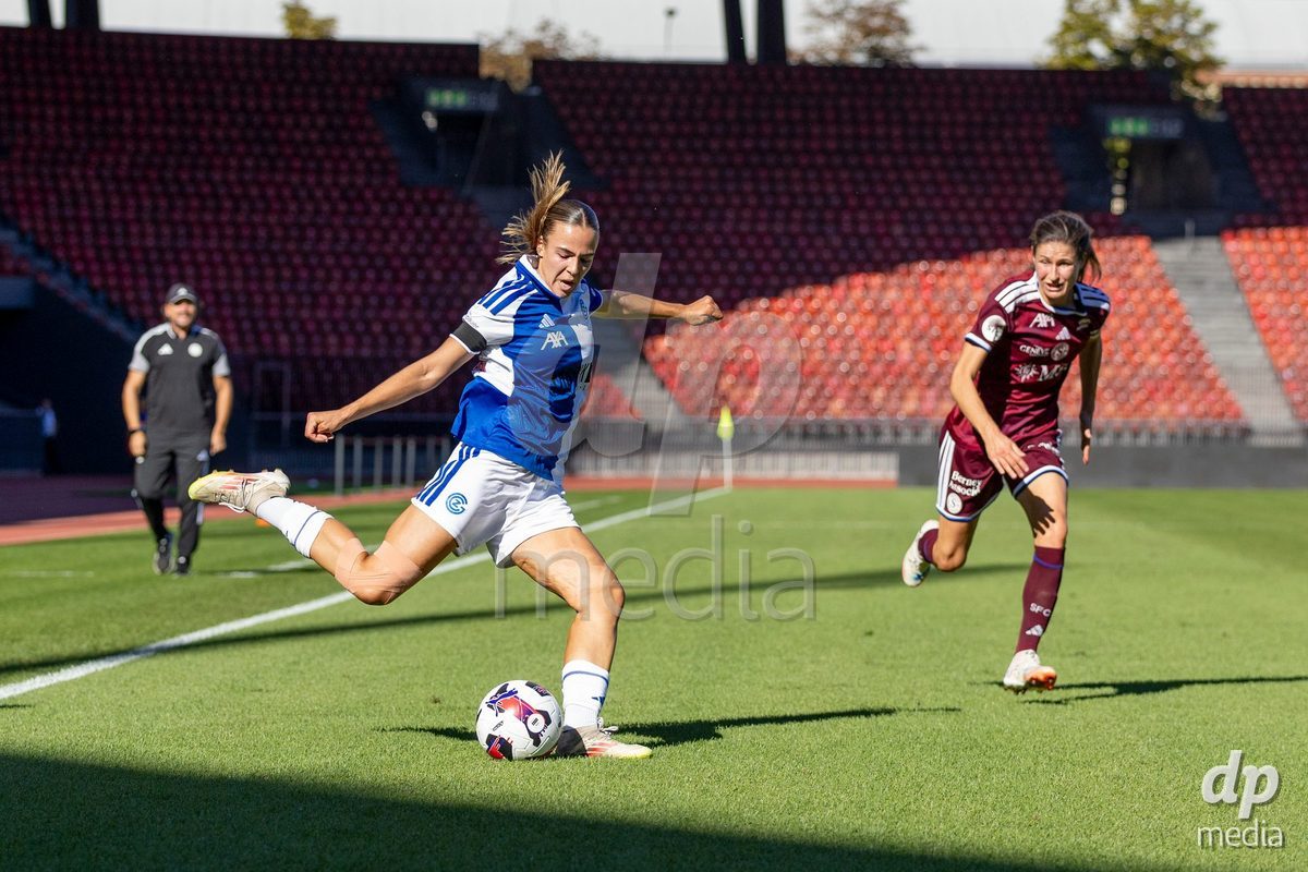 ZURICH, SWITZERLAND - September 6: Emma Egli of GC Frauenfussball shoots the ball during the AXA Women's Super League match between GC Frauenfussball and Servette FC Chenois Feminin at Letzigrund on September 6, 2026 in Zurich, Switzerland.