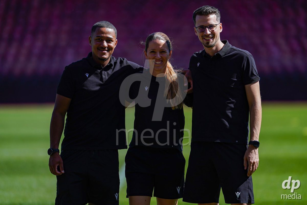 ZURICH, SWITZERLAND - September 6: Referees Roland Müller (Roland Muller) (R), Faruk Tutnjic (L) and Belinda Pierre- Brem (M) prior to the AXA Women's Super League match between GC Frauenfussball and Servette FC Chenois Feminin at Letzigrund on September 6, 2026 in Zurich, Switzerland.