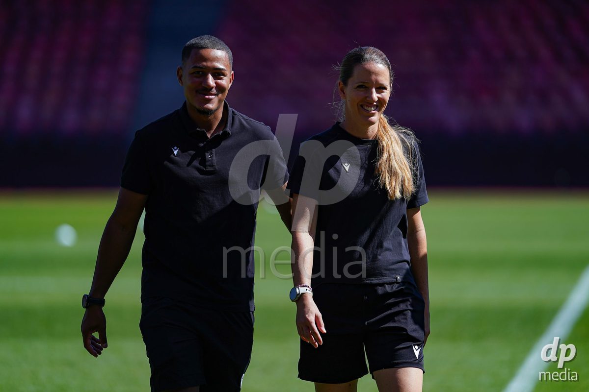 ZURICH, SWITZERLAND - September 6: Referees Roland Müller (Roland Muller) (L) and Belinda Pierre- Brem (R) prior to the AXA Women's Super League match between GC Frauenfussball and Servette FC Chenois Feminin at Letzigrund on September 6, 2026 in Zurich, Switzerland.