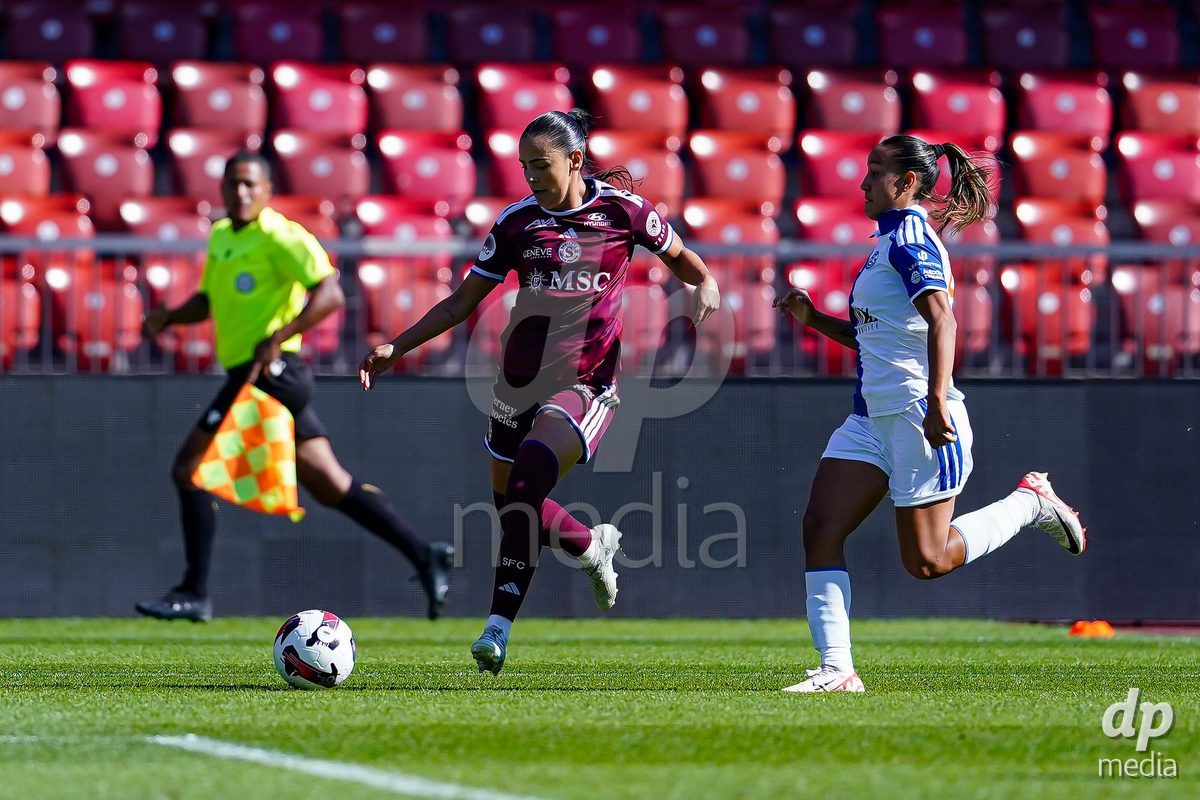 ZURICH, SWITZERLAND - September 6: Dalila Belen Ippolito of GC Frauenfussball (R) and Meriame Terchoun of Servette FC Chenois Feminin (L) battle for the ball during the AXA Women's Super League match between GC Frauenfussball and Servette FC Chenois Feminin at Letzigrund on September 6, 2026 in Zurich, Switzerland.
